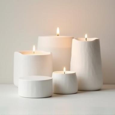Minimalistiske keramikklysestaker i hvitt.