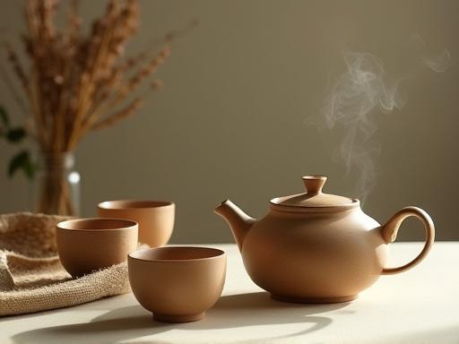 Et sett med håndlagde tekopper og en tekanne i jordfarger.